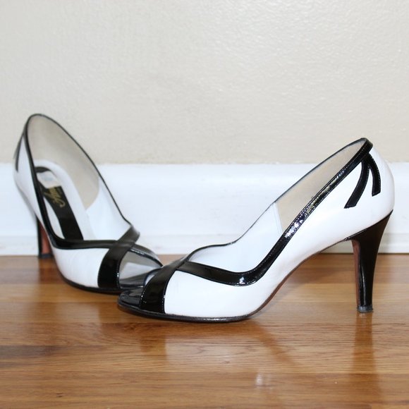 Vintage Amano Black/White Peep Toe Leather Heels Shoe USA Made Women's 9 AA - Picture 2 of 15